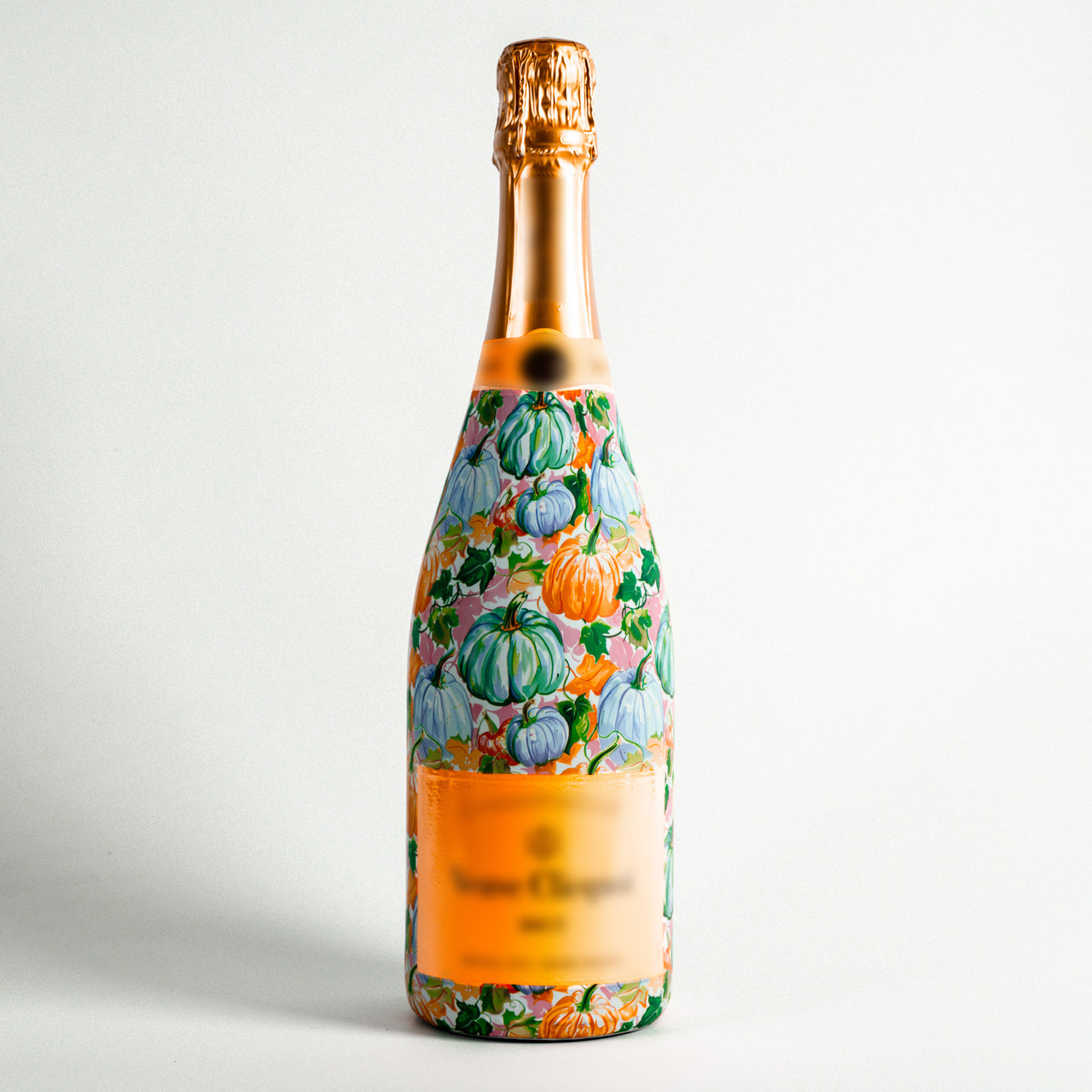 Orange and Blue Pumpkins Bottle Wrap on Champagne Bottle