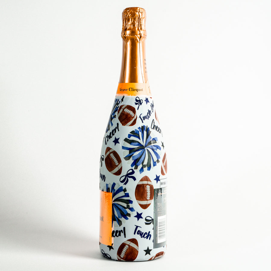 Royal Blue and White Game Day Bottle Wrap on Champagne Bottle