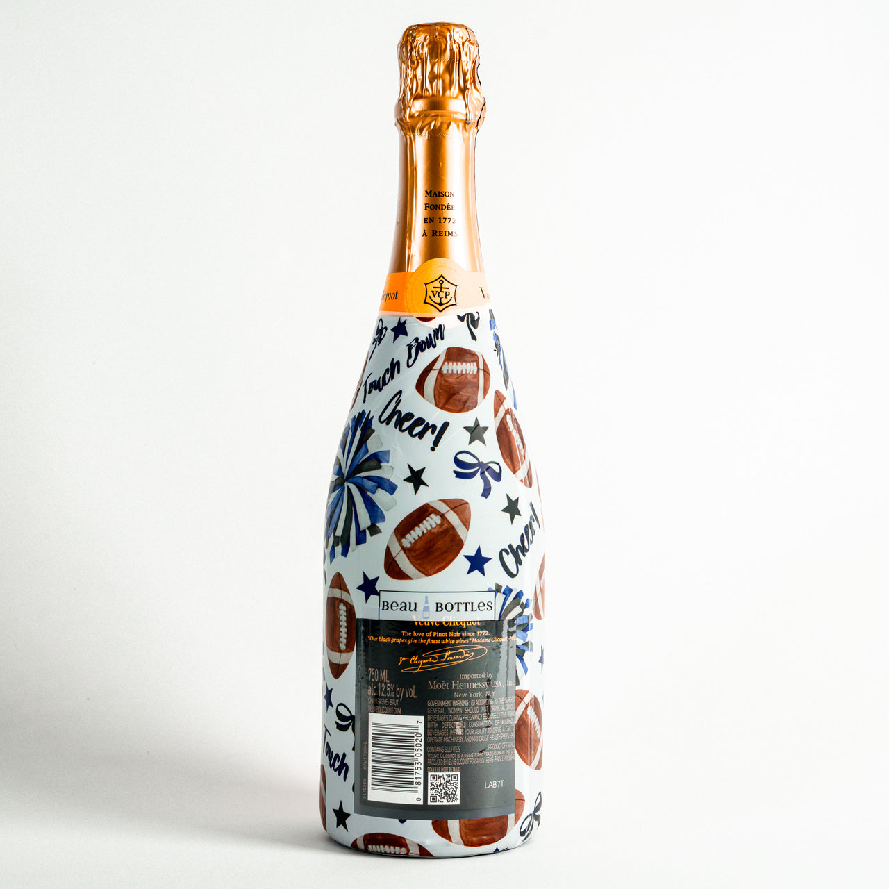 Royal Blue and White Game Day Bottle Wrap on Champagne Bottle