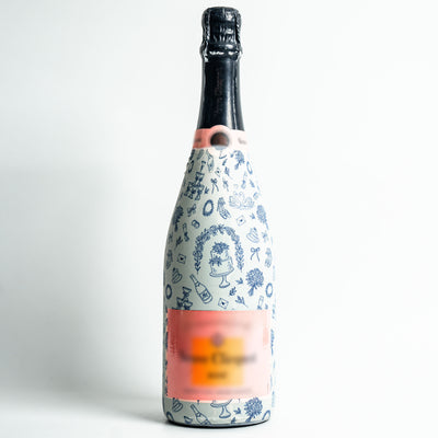 Blue Wedding Toile Champagne Bottle Wrap bottle wrap on a Veuve Clicquot champagne bottle