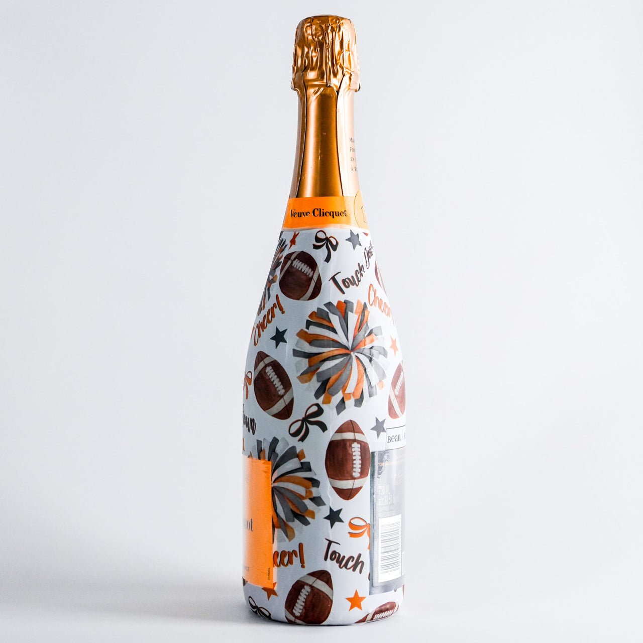 Orange and Grey Game Day Bottle Wrap on Champagne Bottle