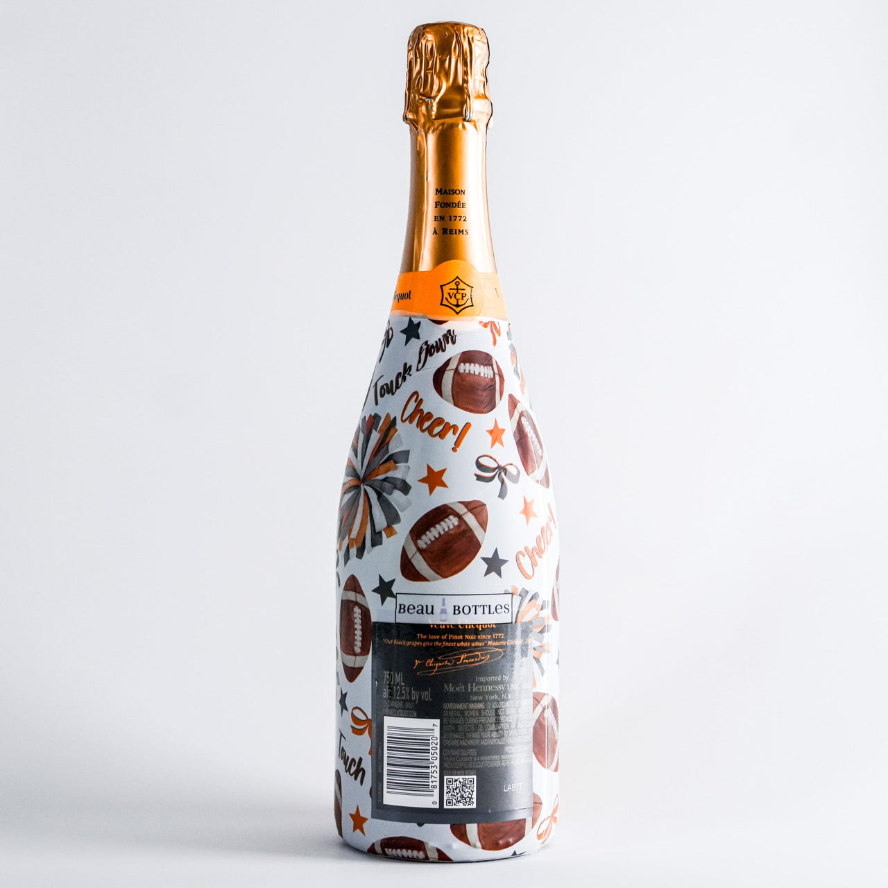 Orange and Grey Game Day Bottle Wrap on Champagne Bottle