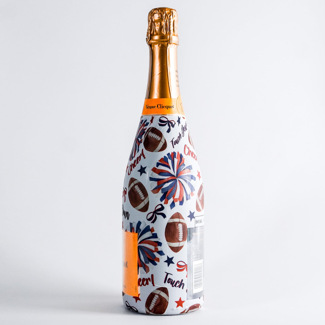 Red and Navy Game Day Bottle Wrap on Champagne Bottle