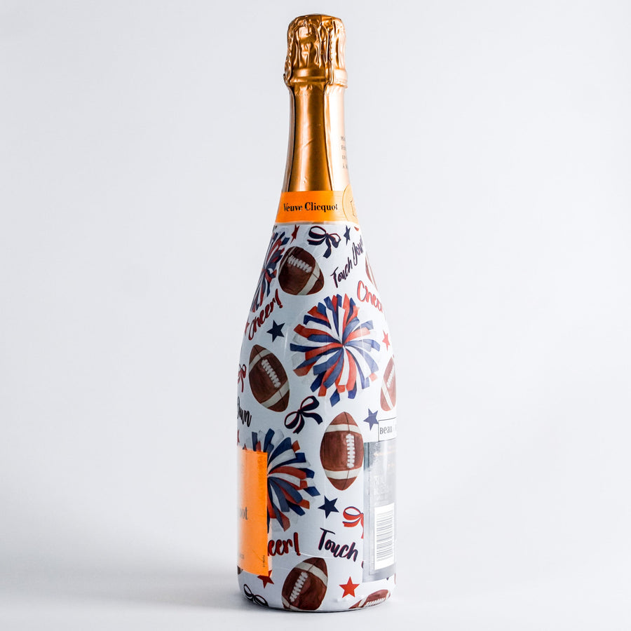 Red and Navy Game Day Bottle Wrap on Champagne Bottle