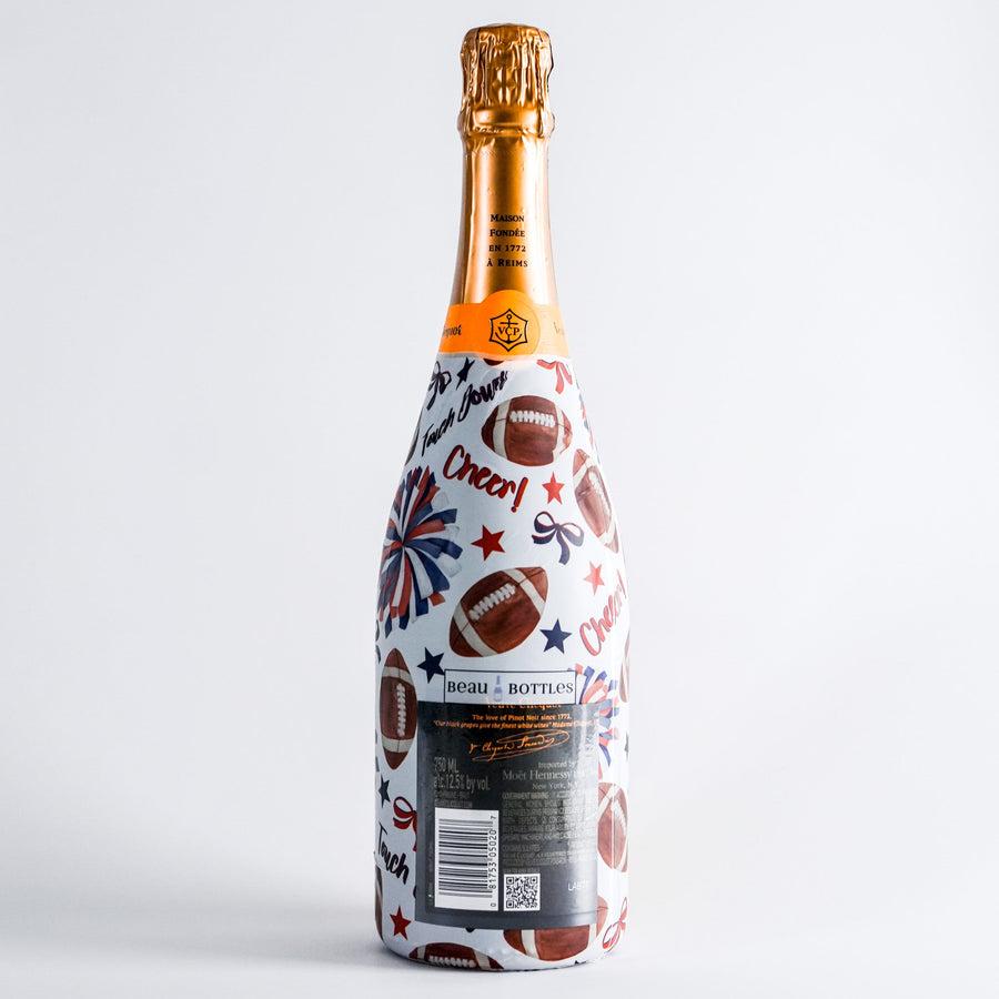 Red and Navy Game Day Bottle Wrap on Champagne Bottle