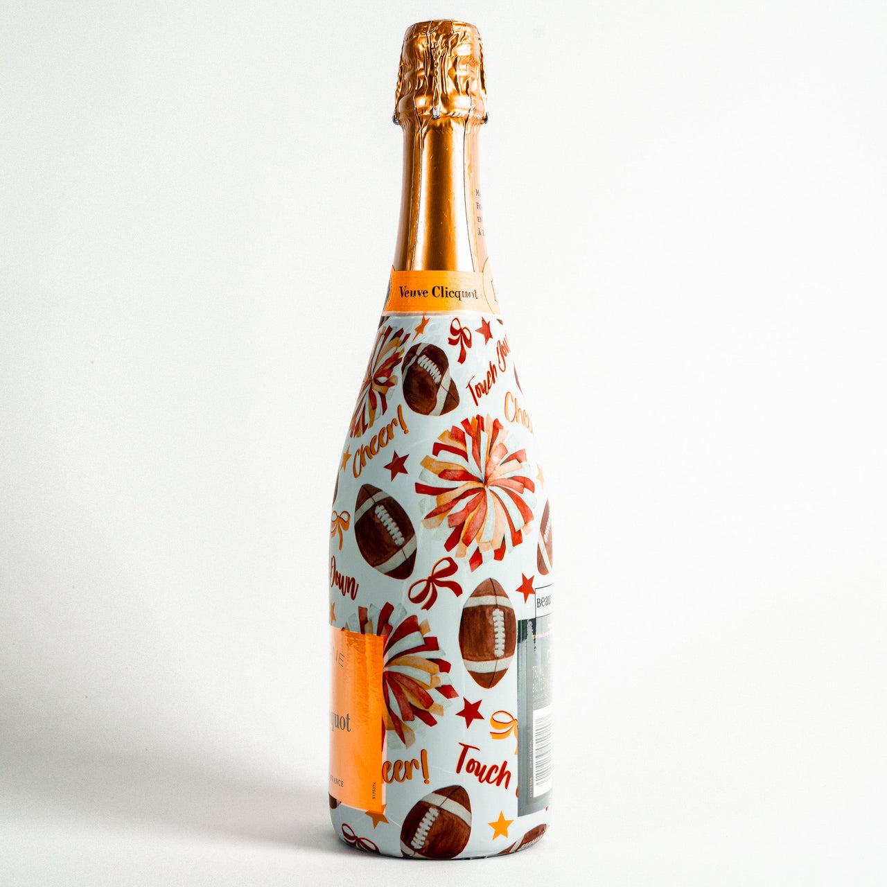 Red and Yellow Game Day Bottle Wrap on Champagne Bottle