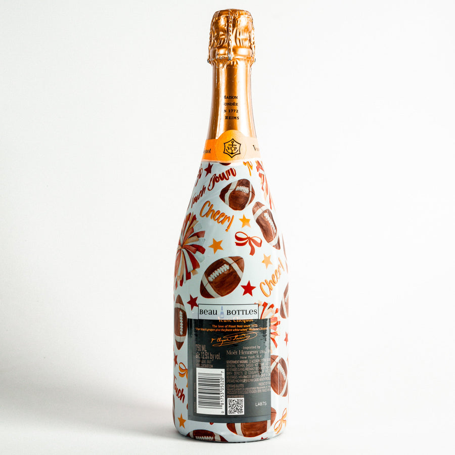 Red and Yellow Game Day Bottle Wrap on Champagne Bottle