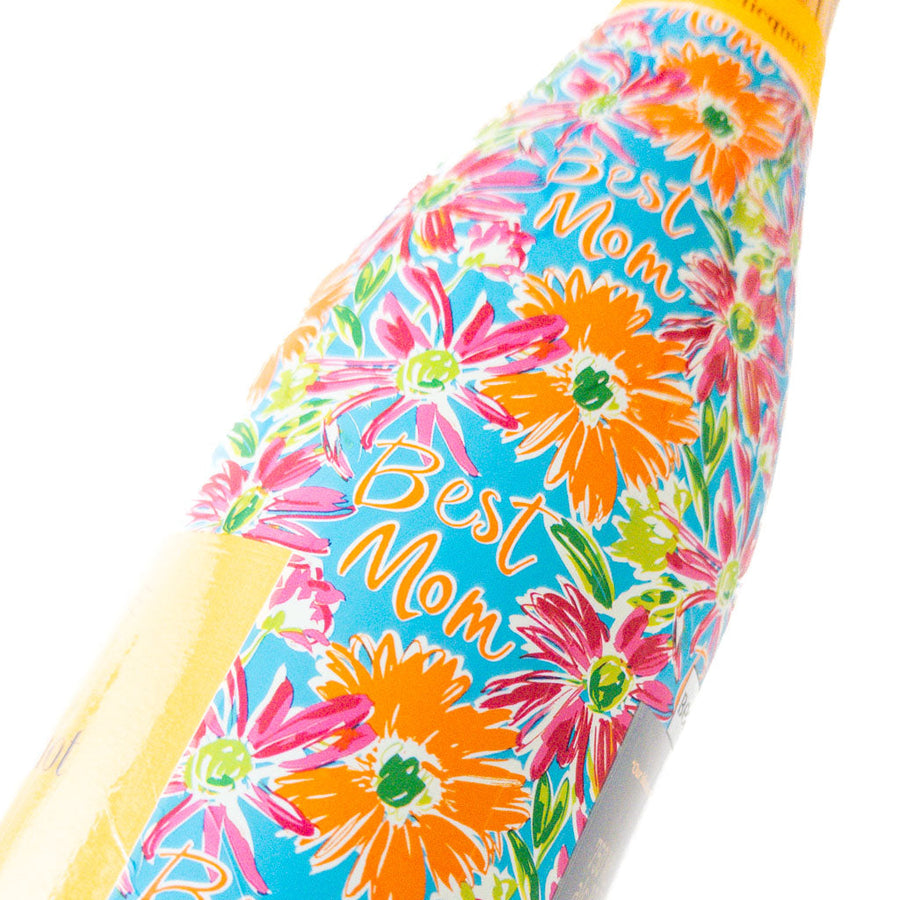 Preppy Floral Best Mom Bottle Wrap on Champagne Bottle