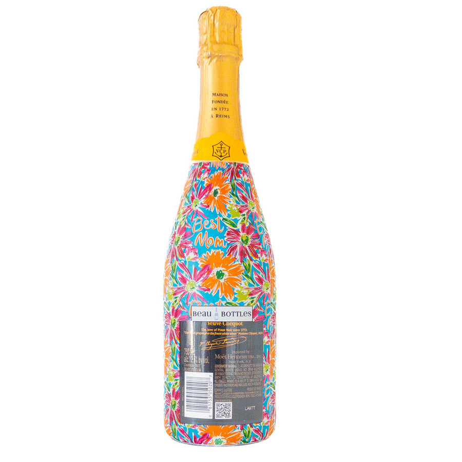 Preppy Floral Best Mom Bottle Wrap on Champagne Bottle