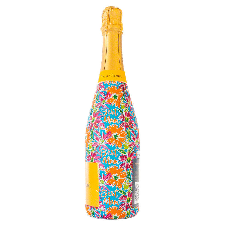 Preppy Floral Best Mom Bottle Wrap on Champagne Bottle