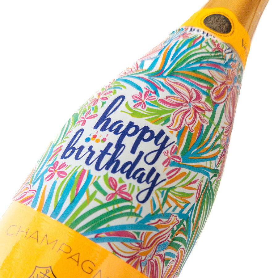 Happy Birthday Floral Bottle Wrap on Champagne Bottle