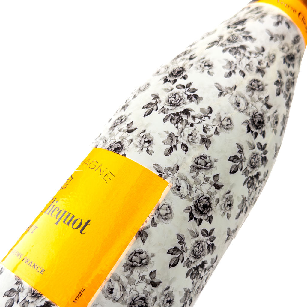 Black and White Floral Bottle Wrap on Champagne Bottle