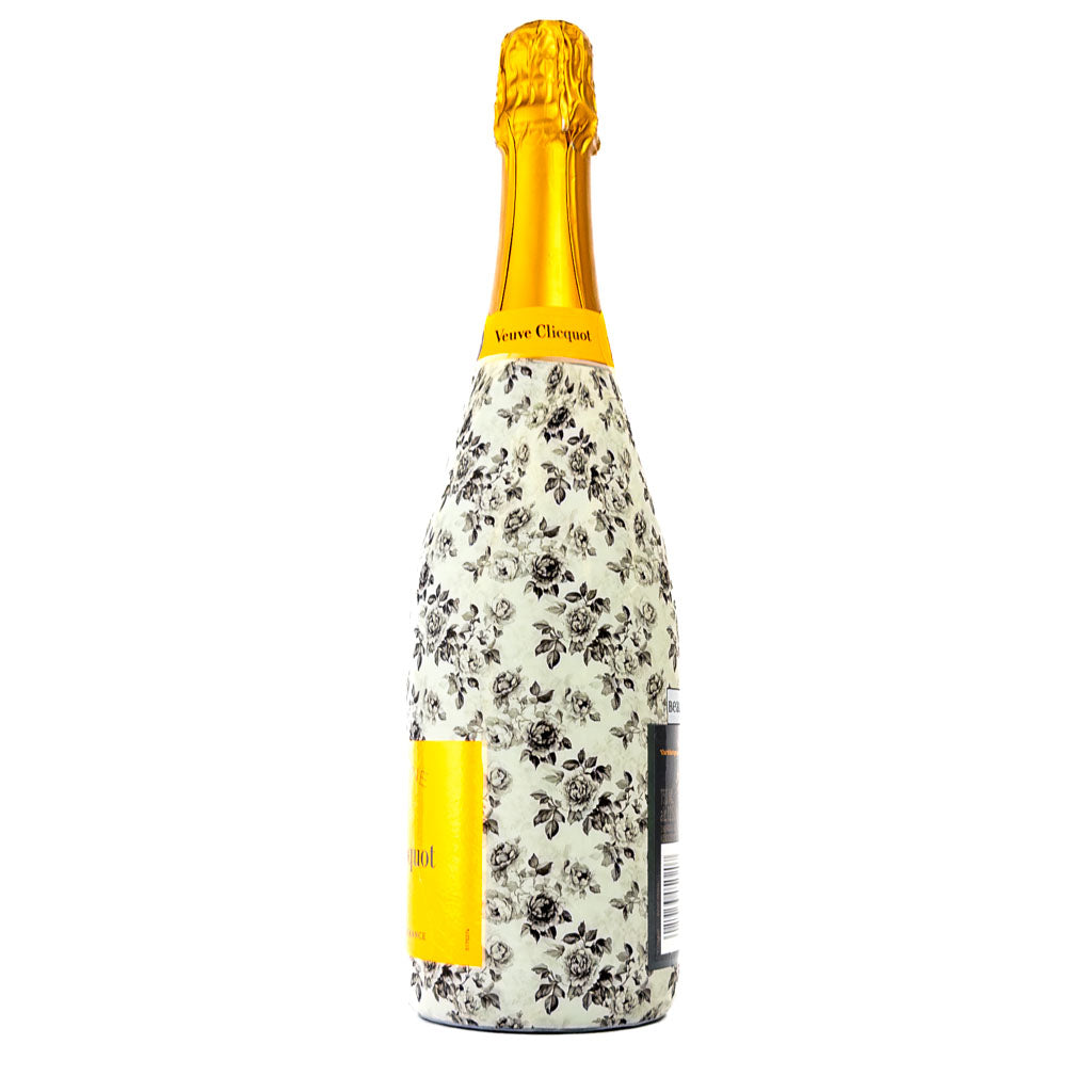 Black and White Floral Bottle Wrap on Champagne Bottle