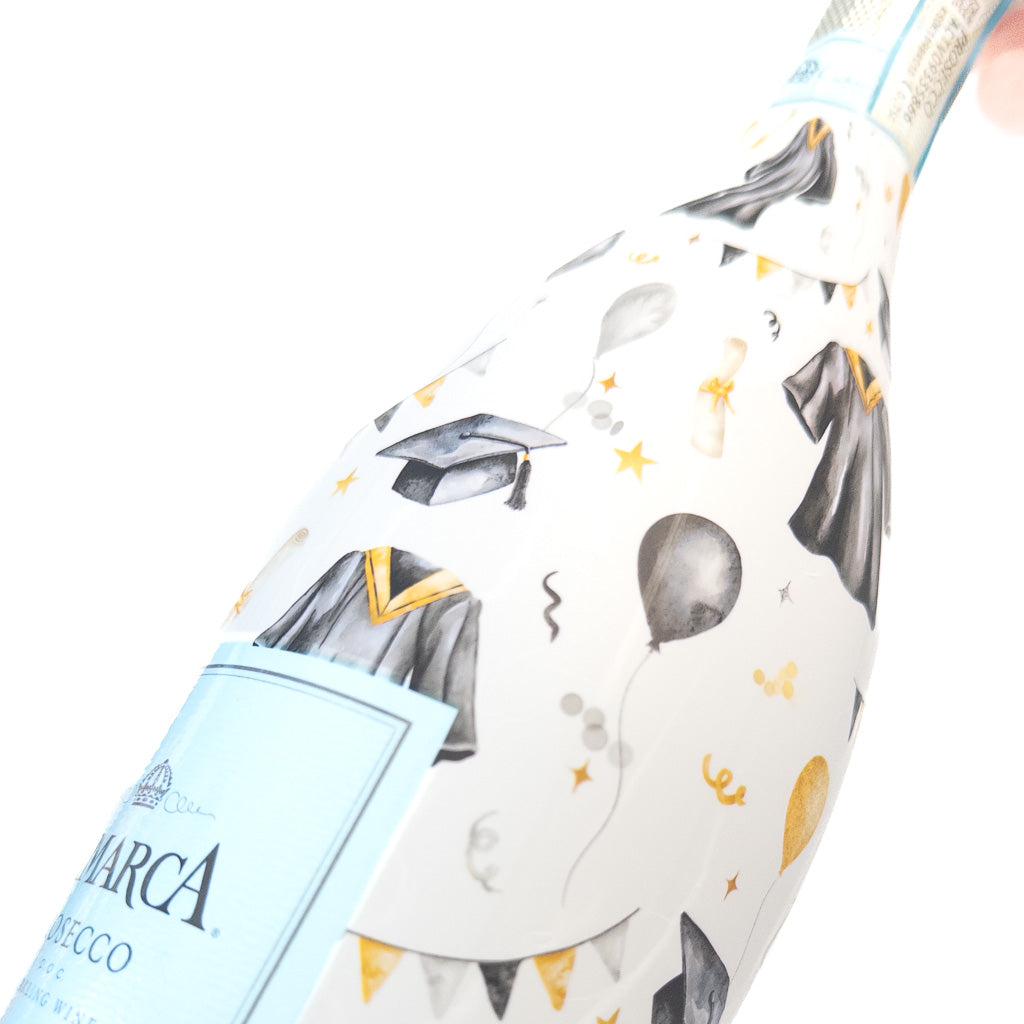 Black and Gold Graduation Bottle Wrap on Champagne Bottle