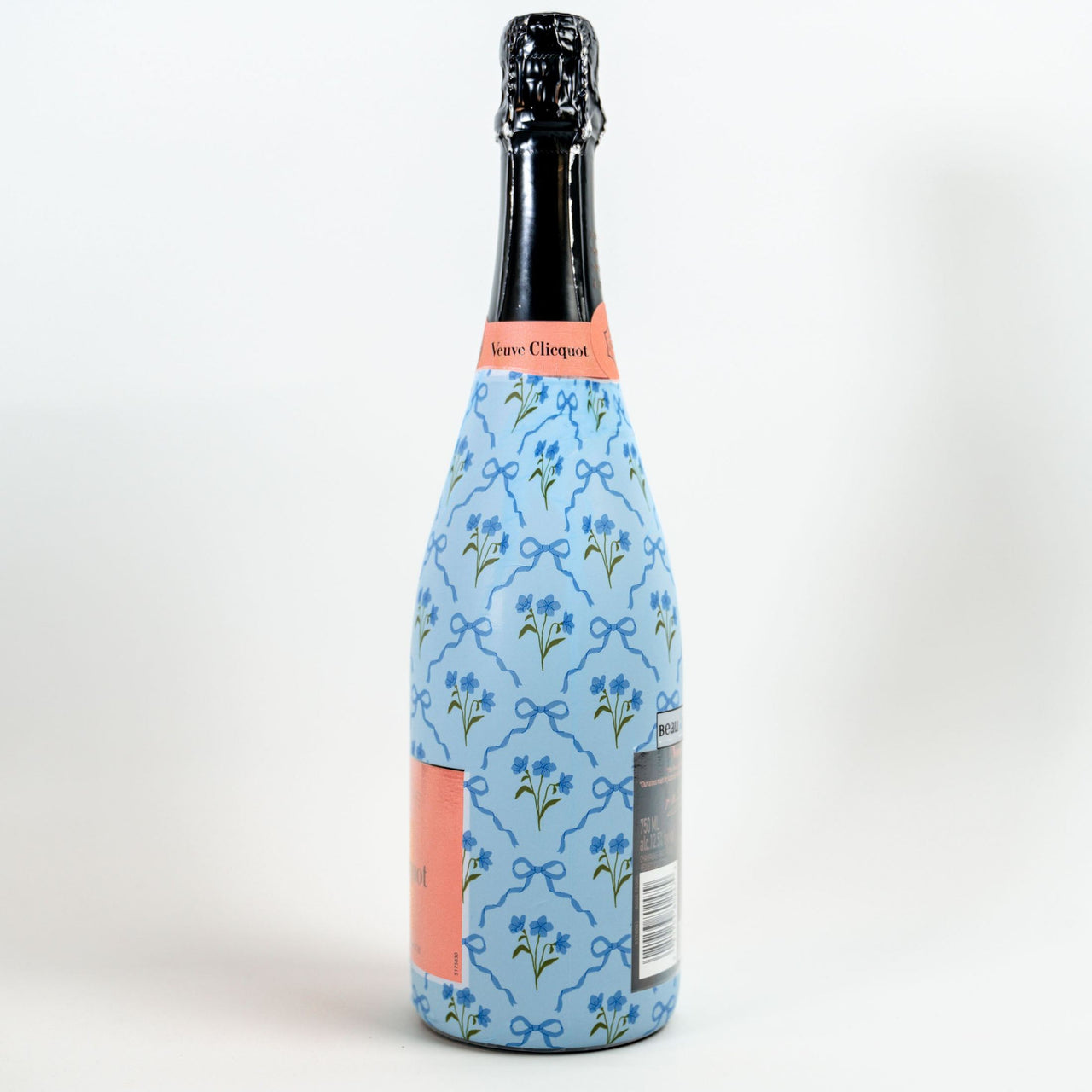 Blue Bows and Blossoms Bottle Wrap on Champagne Bottle