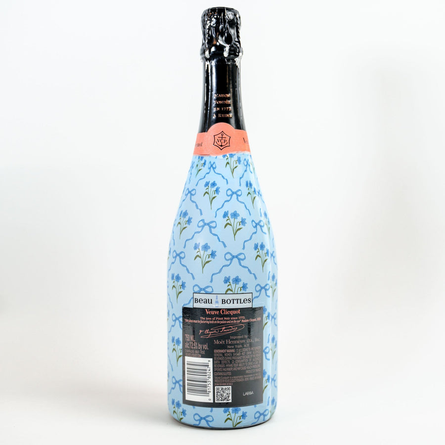 Blue Bows and Blossoms Bottle Wrap on Champagne Bottle