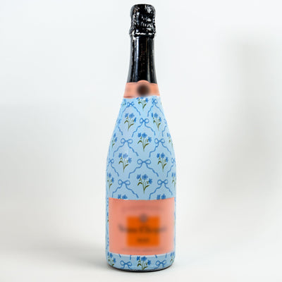 Blue Bows and Blossoms Bottle Wrap on Champagne Bottle