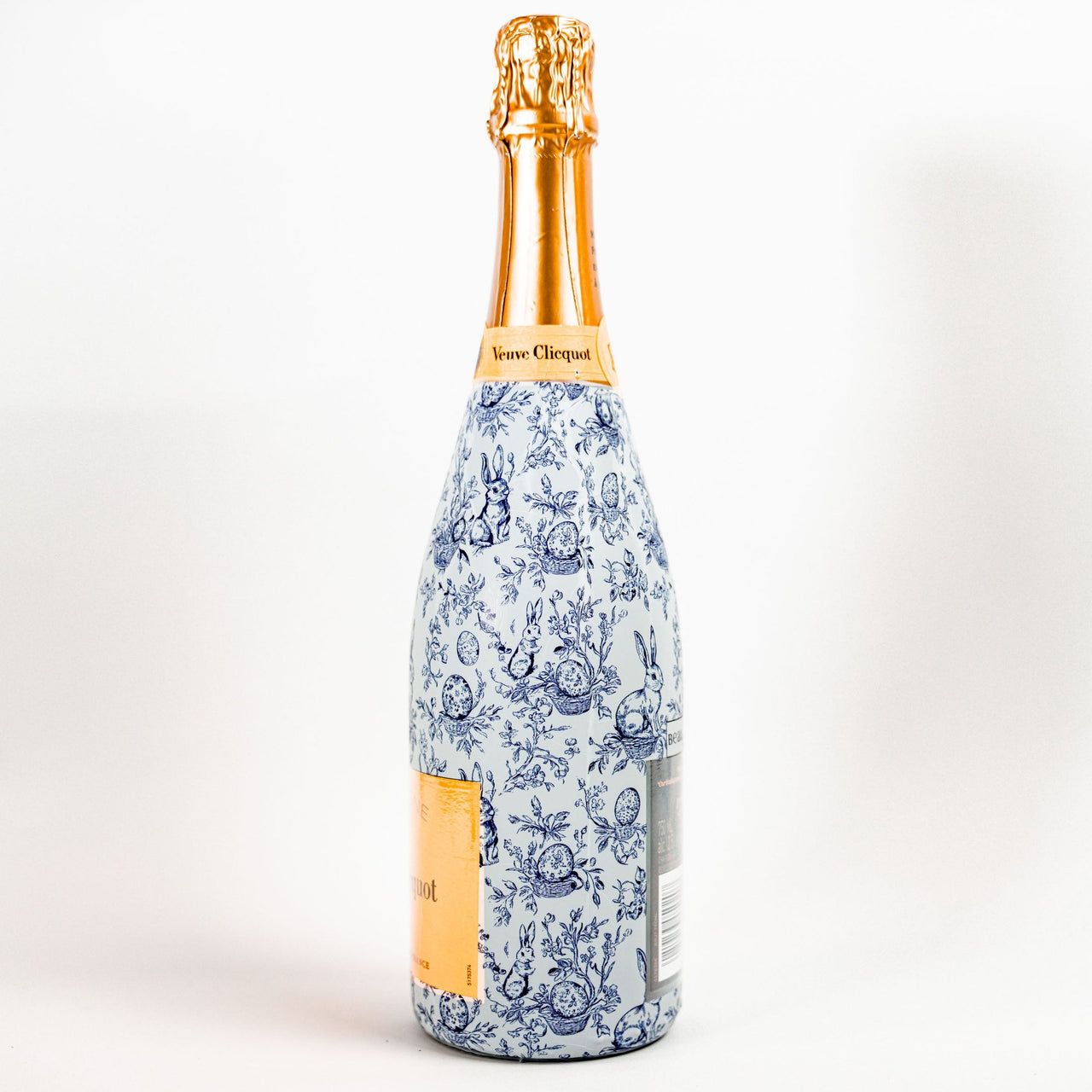 Blue Easter Bunny Toile Bottle Wrap on Champagne Bottle