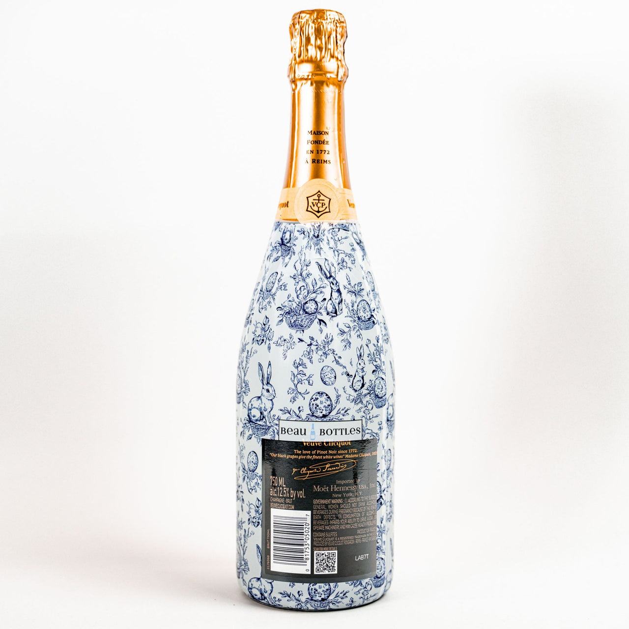 Blue Easter Bunny Toile Bottle Wrap on Champagne Bottle