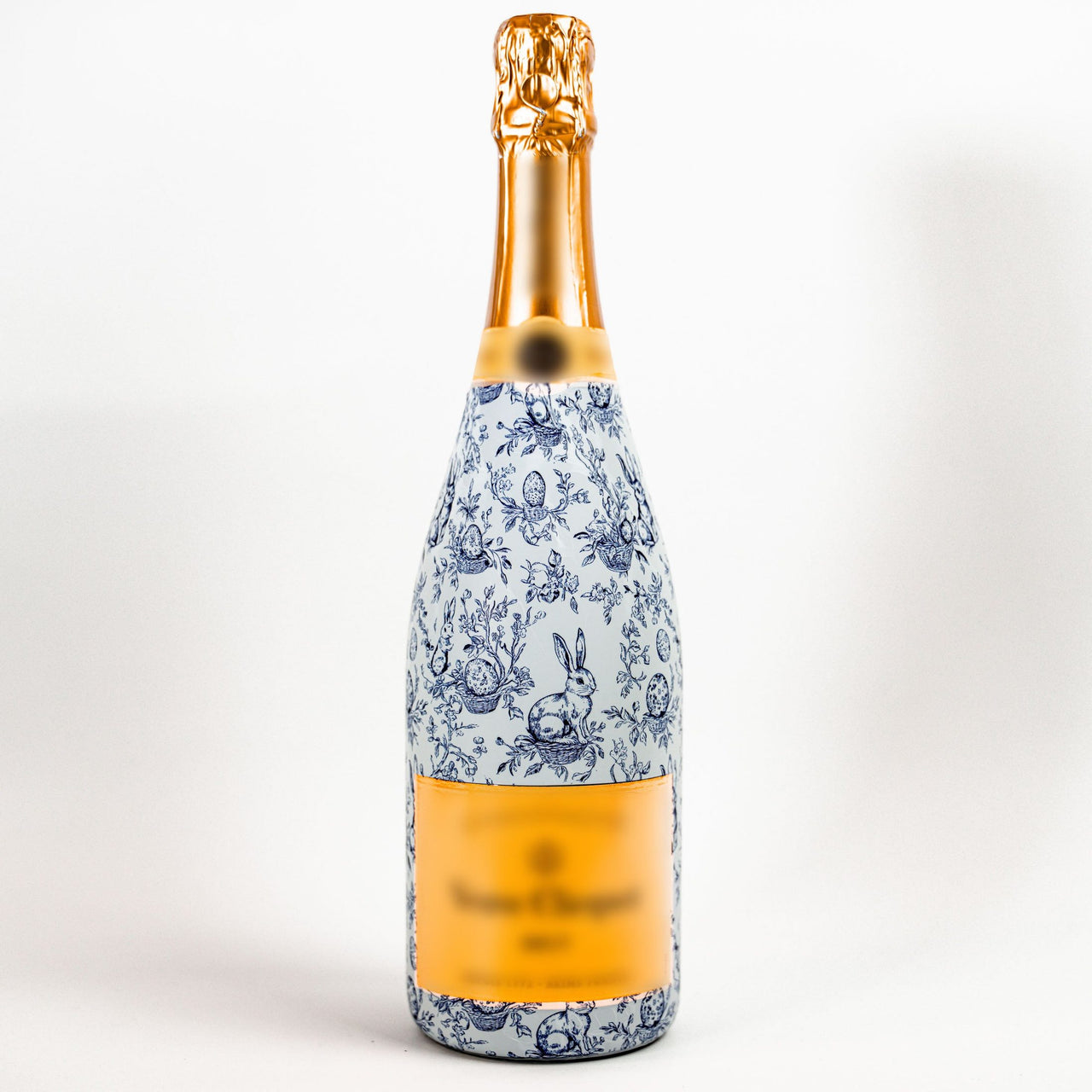 Blue Easter Bunny Toile Bottle Wrap on Champagne Bottle