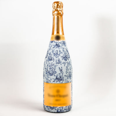 Blue Easter Bunny Toile Bottle Wrap on Champagne Bottle