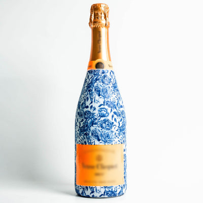 Blue Porcelain Roses Champagne Bottle Wrap bottle wrap on a Veuve Clicquot champagne bottle