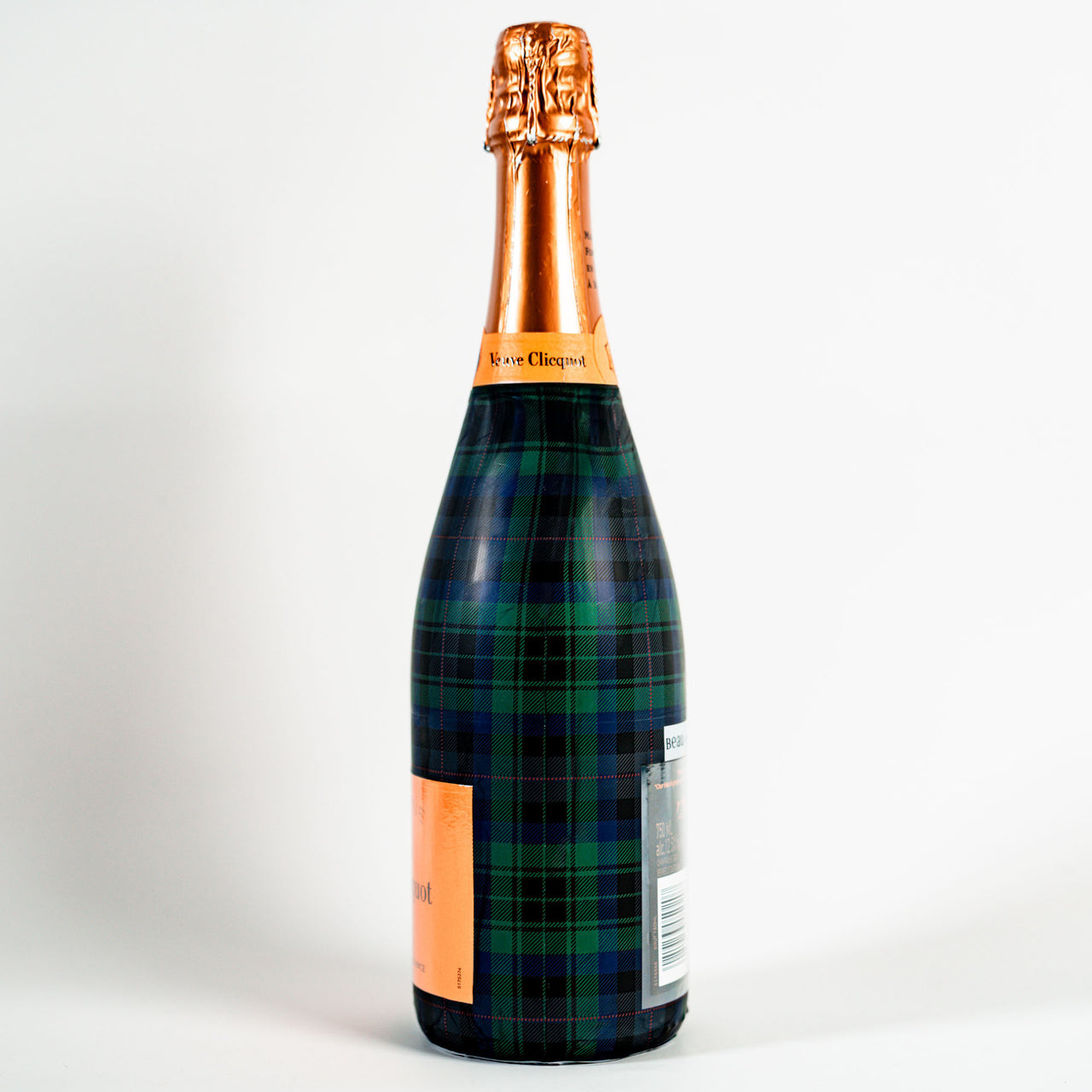 Blue and Green Christmas Tartan Bottle Wrap on Champagne Bottle