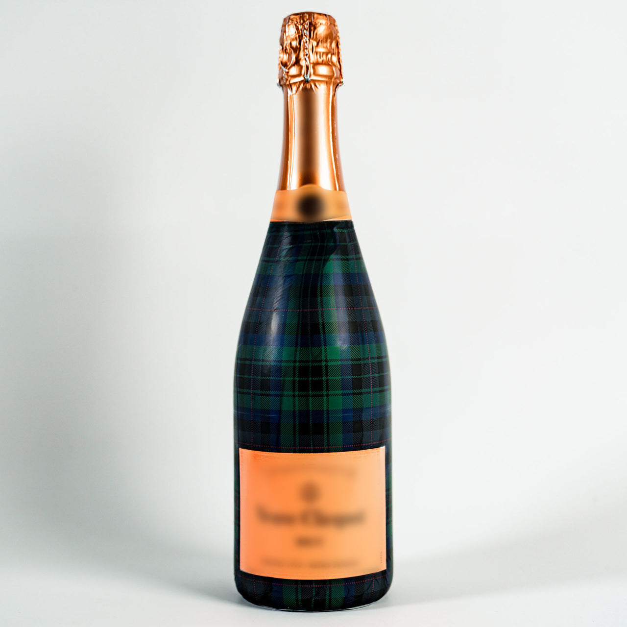 Blue and Green Christmas Tartan Bottle Wrap on Champagne Bottle