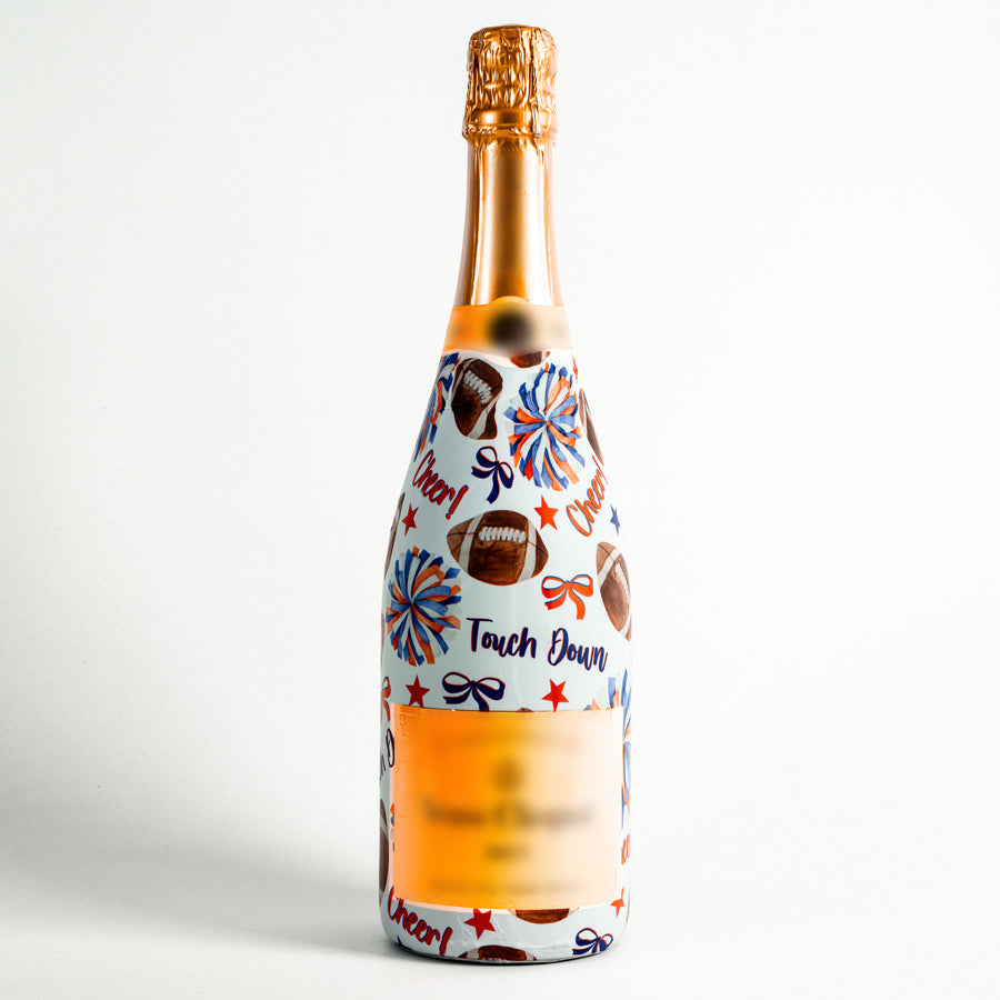 Blue and Orange Game Day Bottle Wrap on Champagne Bottle