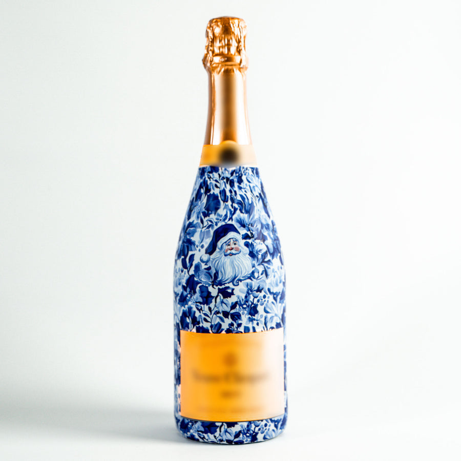 Blue and White Santa Bottle Wrap on Champagne Bottle