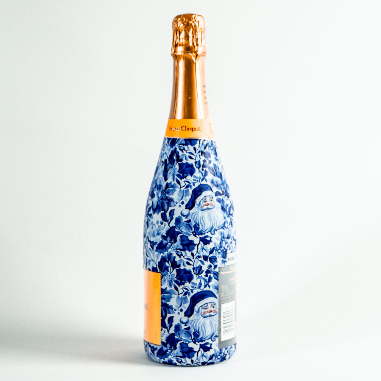 Blue and White Santa Bottle Wrap on Champagne Bottle