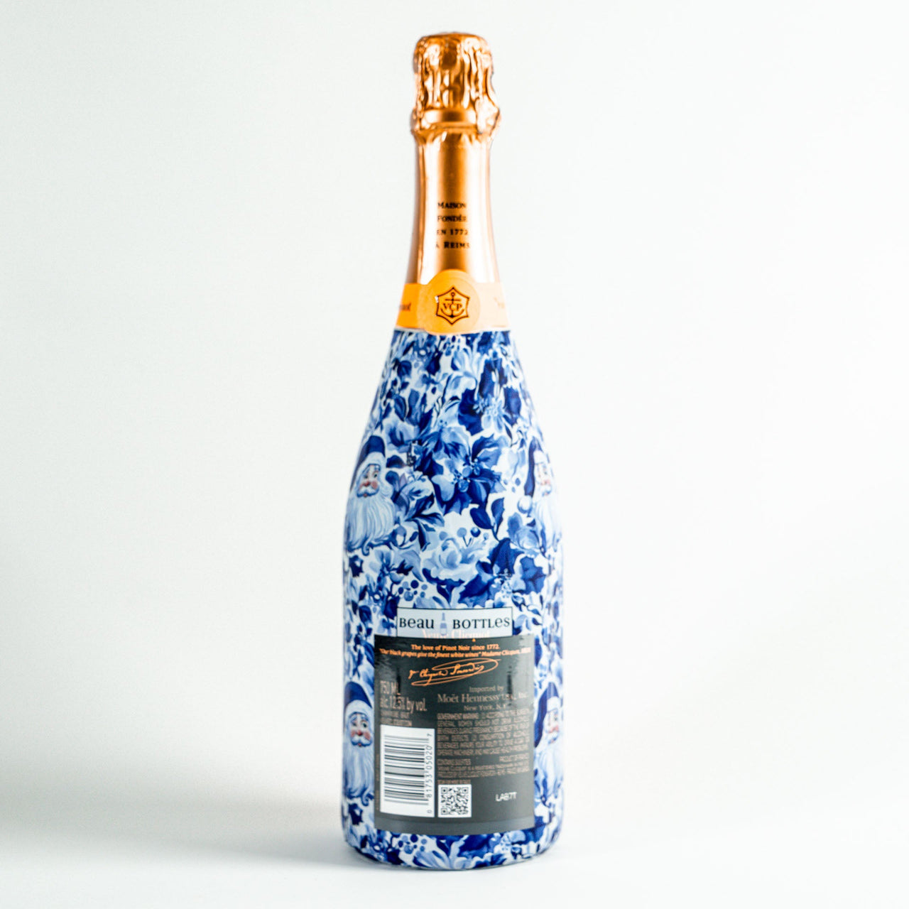 Blue and White Santa Bottle Wrap on Champagne Bottle