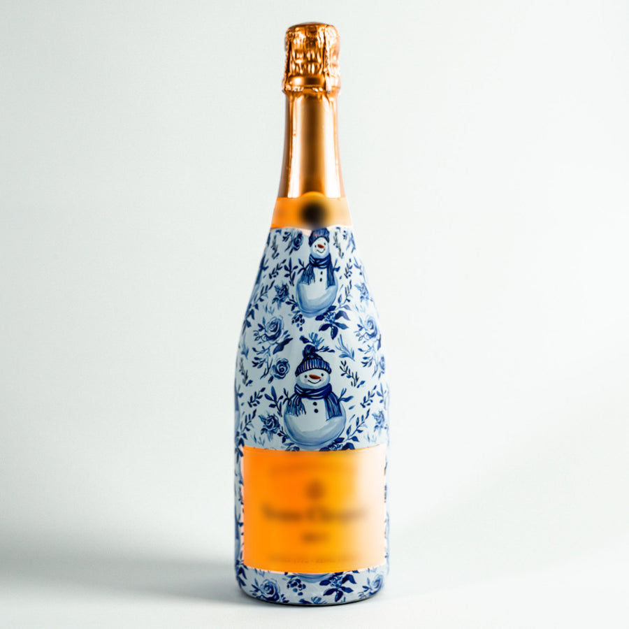 Blue and White Snowman Bottle Wrap on Champagne Bottle