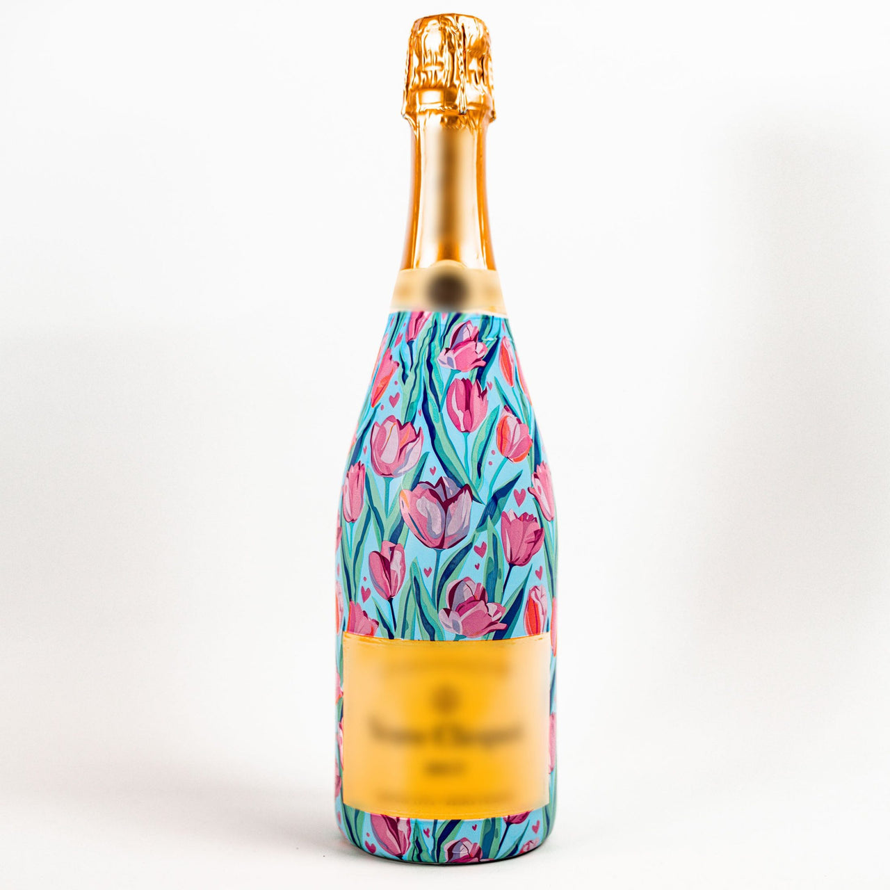 Blushing Tulip Garden Bottle Wrap on Champagne Bottle