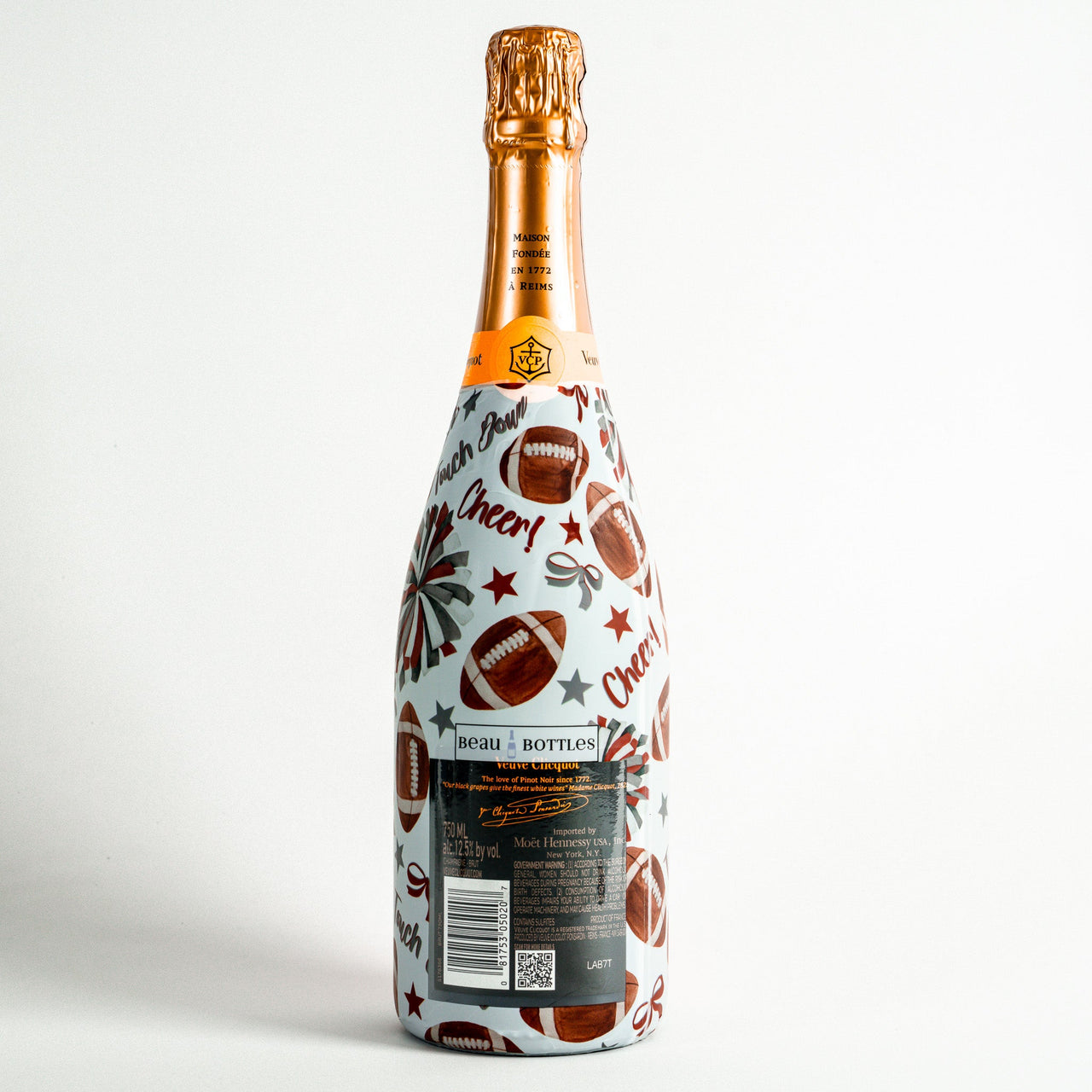 Crimson and Grey Game Day Bottle Wrap on Champagne Bottle