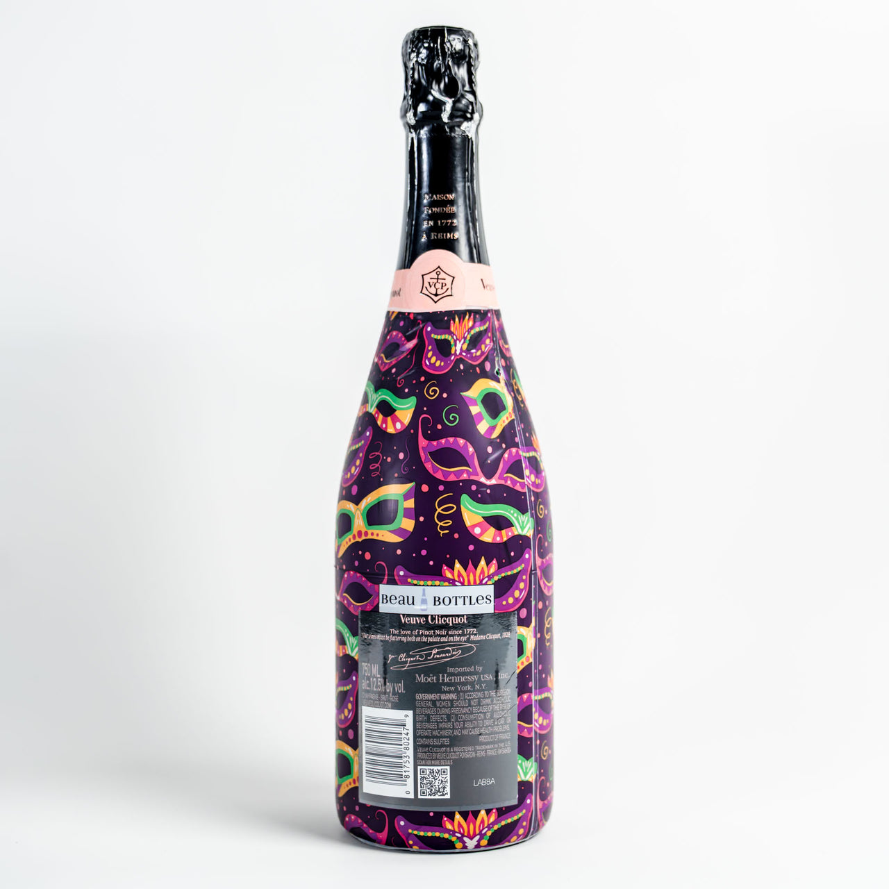 Limited Edition Mardi Masquerade Bottle Wrap on Champagne Bottle