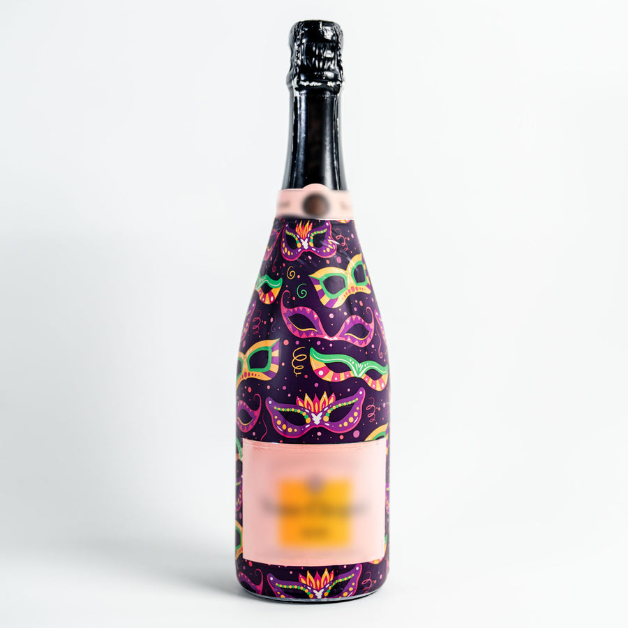 Limited Edition Mardi Masquerade Bottle Wrap on Champagne Bottle