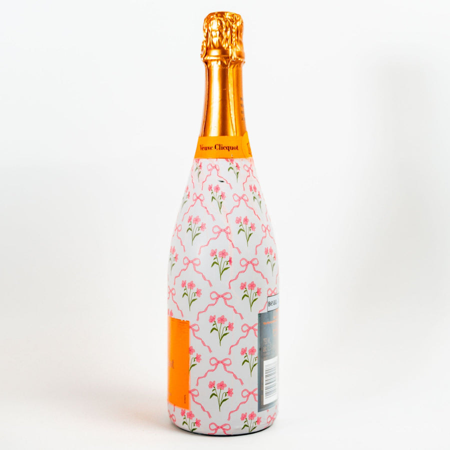 Pink Bows and Blossoms Bottle Wrap on Champagne Bottle