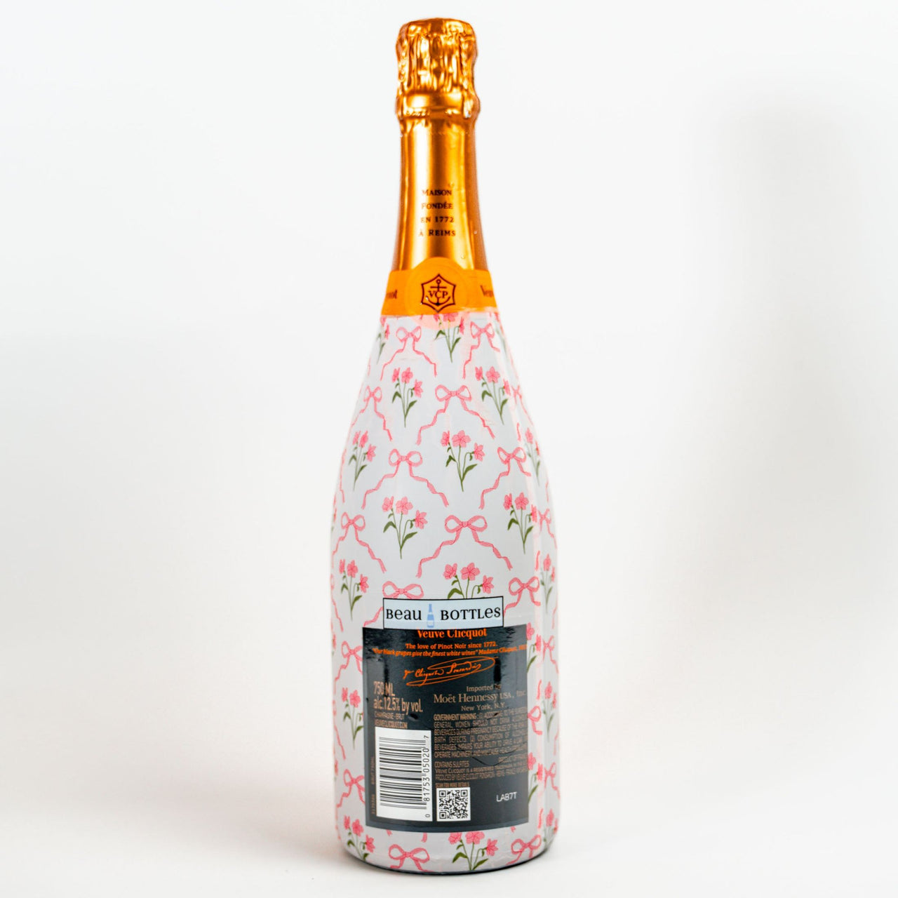 Pink Bows and Blossoms Bottle Wrap on Champagne Bottle