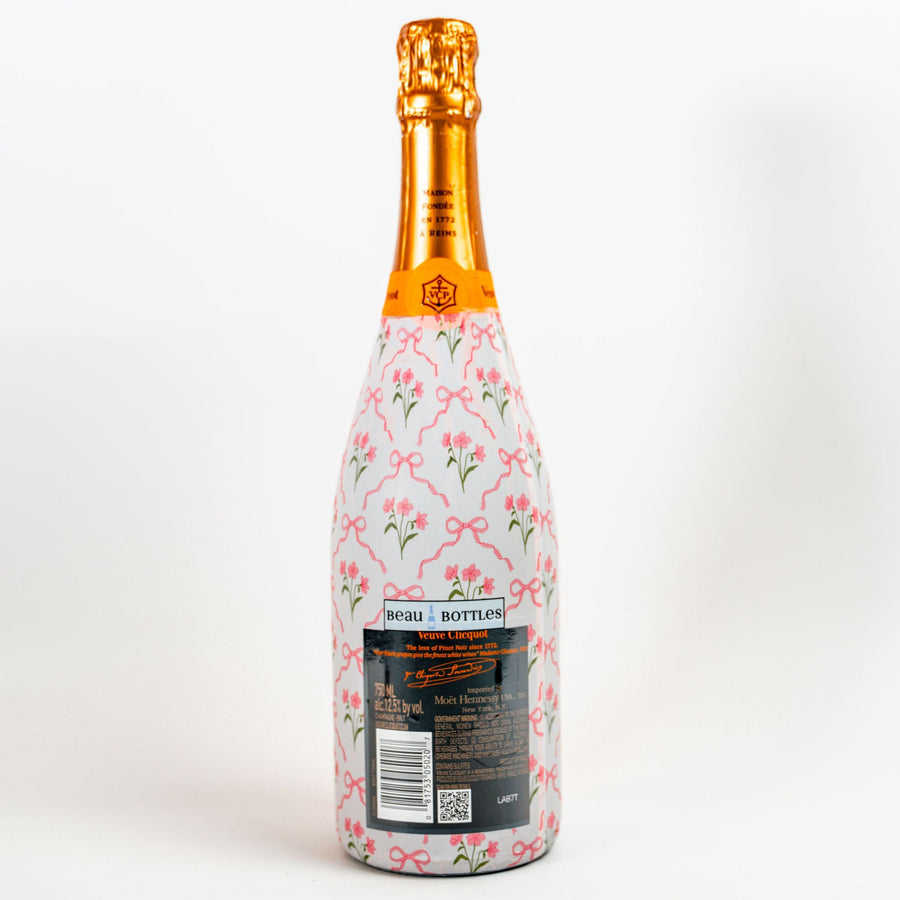 Pink Bows and Blossoms Bottle Wrap on Champagne Bottle