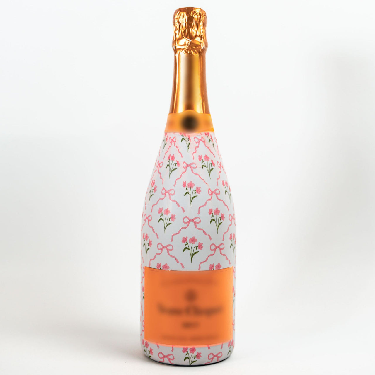 Pink Bows and Blossoms Bottle Wrap on Champagne Bottle