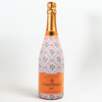 Pink Bows and Blossoms Bottle Wrap on Champagne Bottle