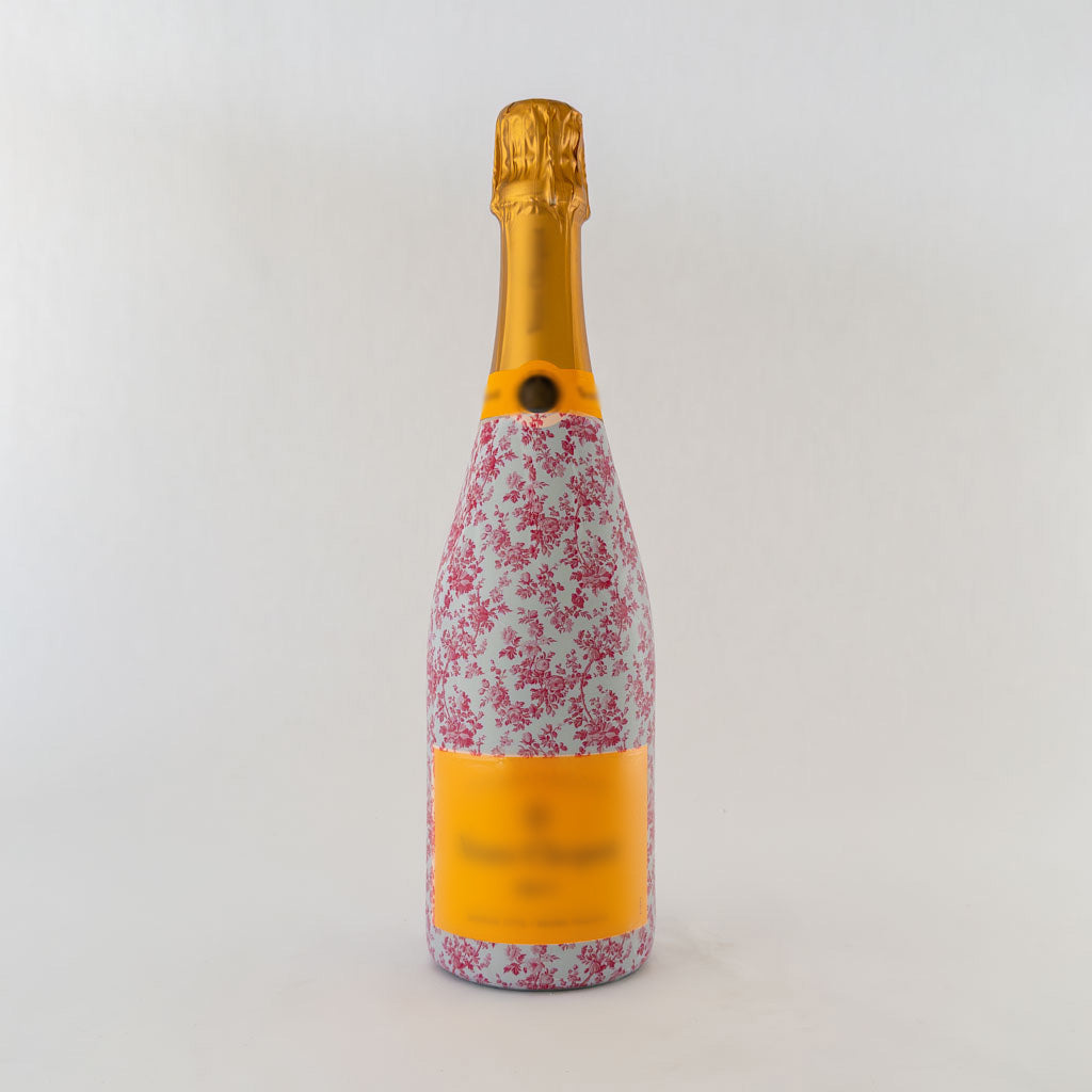 Grandmillenial Pink Floral Bottle Wrap on Champagne Bottle