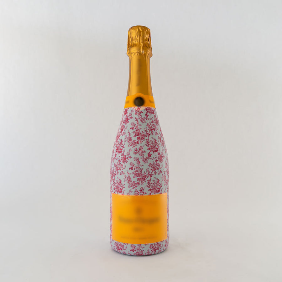 Grandmillenial Pink Floral Bottle Wrap on Champagne Bottle