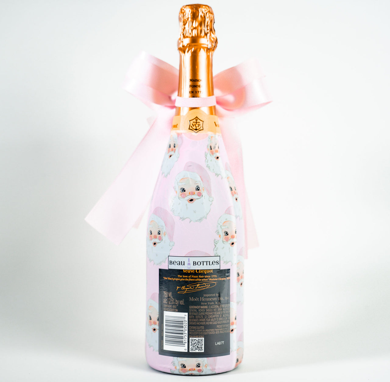 Wrapido Watercolor Pink Santa Bottle Wrap & Bougie Bow Matching Set on Champagne Bottle