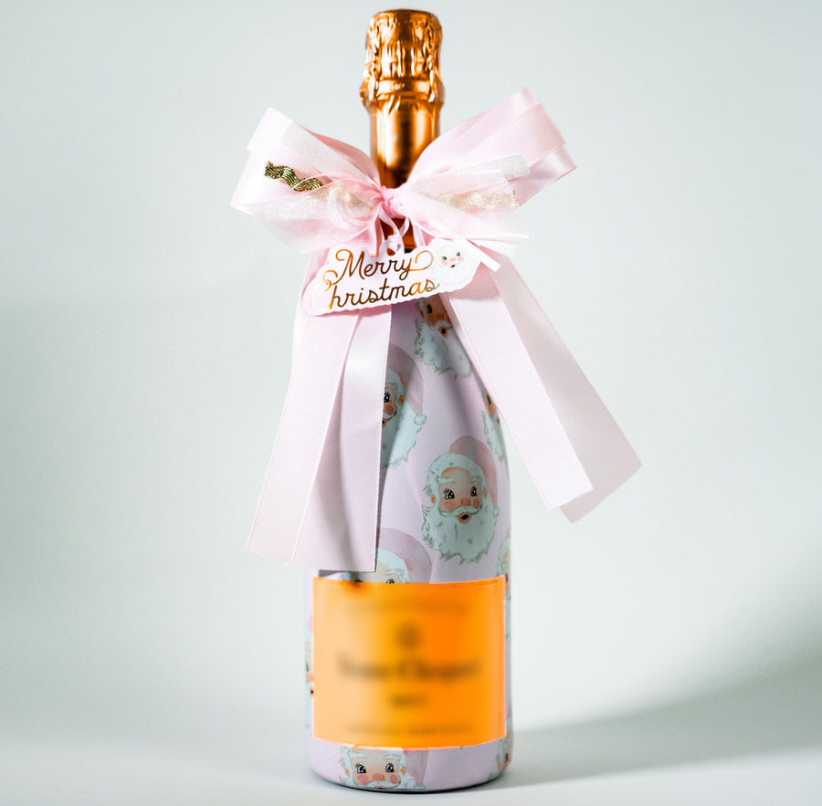 Wrapido Watercolor Pink Santa Bottle Wrap & Bougie Bow Matching Set on Champagne Bottle