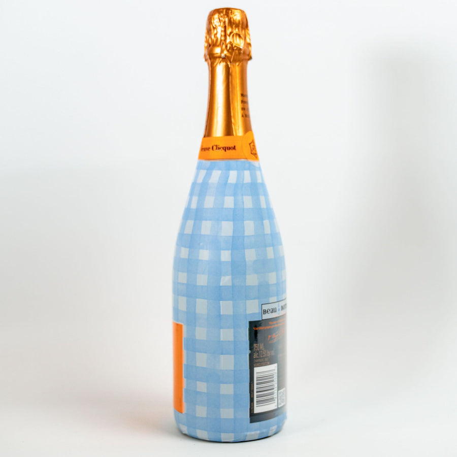 Powder Blue Picnic Gingham Bottle Wrap on Champagne Bottle