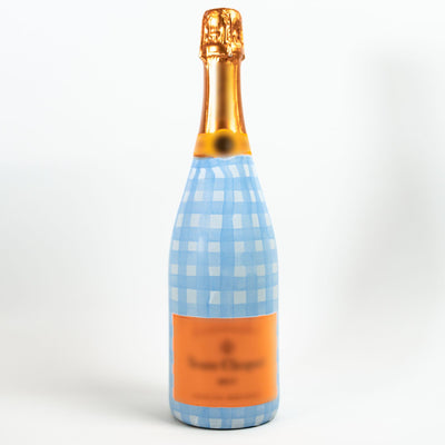 Powder Blue Picnic Gingham Bottle Wrap on Champagne Bottle