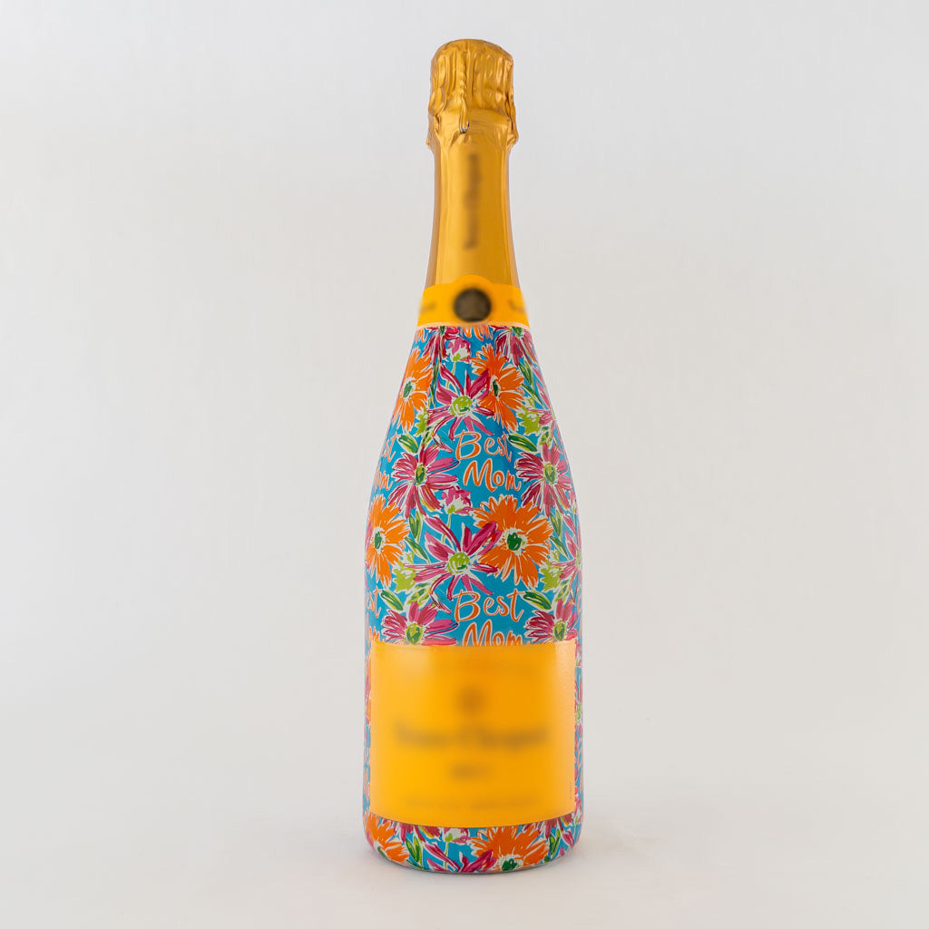 Preppy Floral Best Mom Bottle Wrap on Champagne Bottle