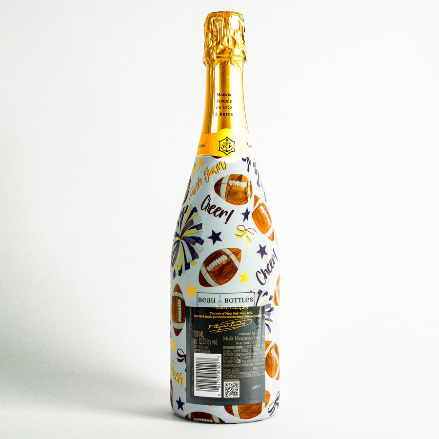 Purple and Yellow Game Day Bottle Wrap on Champagne Bottle